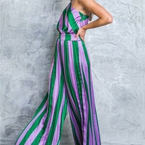 Flying Tomato Vibrant Green and Purple Striped Jumpsuit